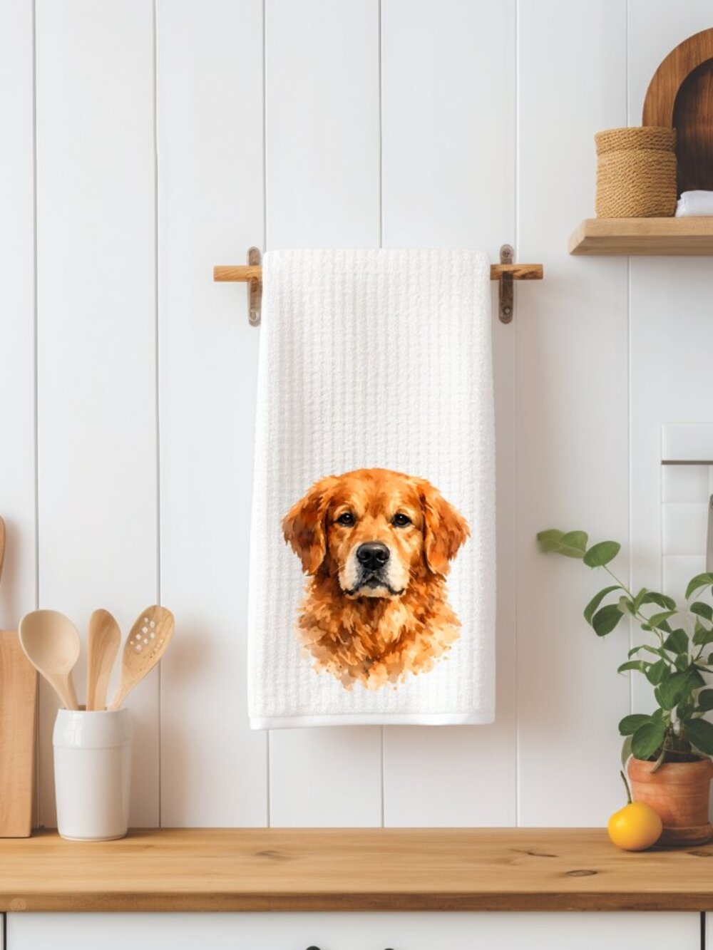 Golden Retriever Dog Waffle Weave Decorative Kitchen Tea Towel